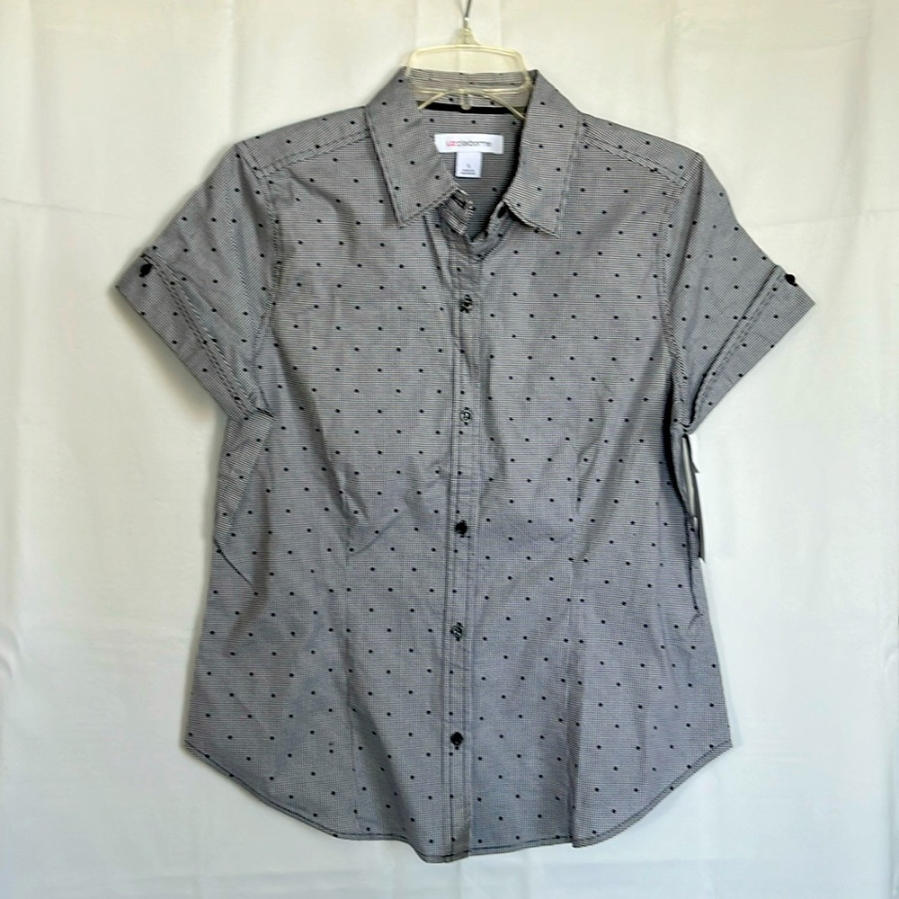 Liz Claiborne women’s button down black checked dot blouse NWT size S